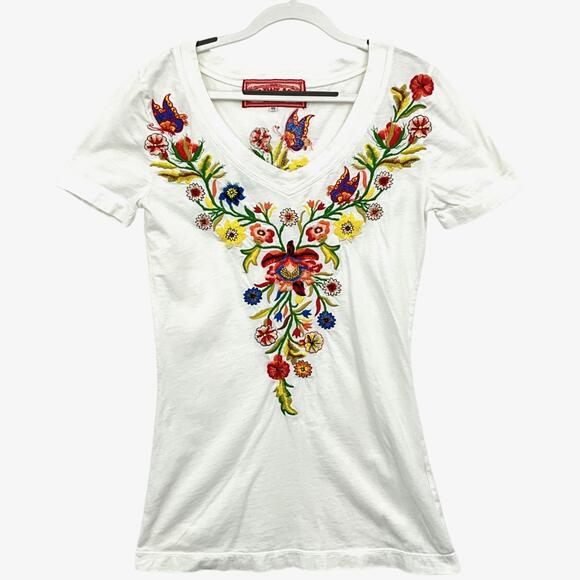 Johnny Was Tops - Johnny Was JWLA Top Womens XS White Embroidered *READ* Floral V Neck T Shirt